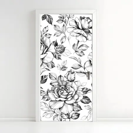 Adesivo per porta motivo di rose disegnate a matita in stile vintage • Wallissimo®