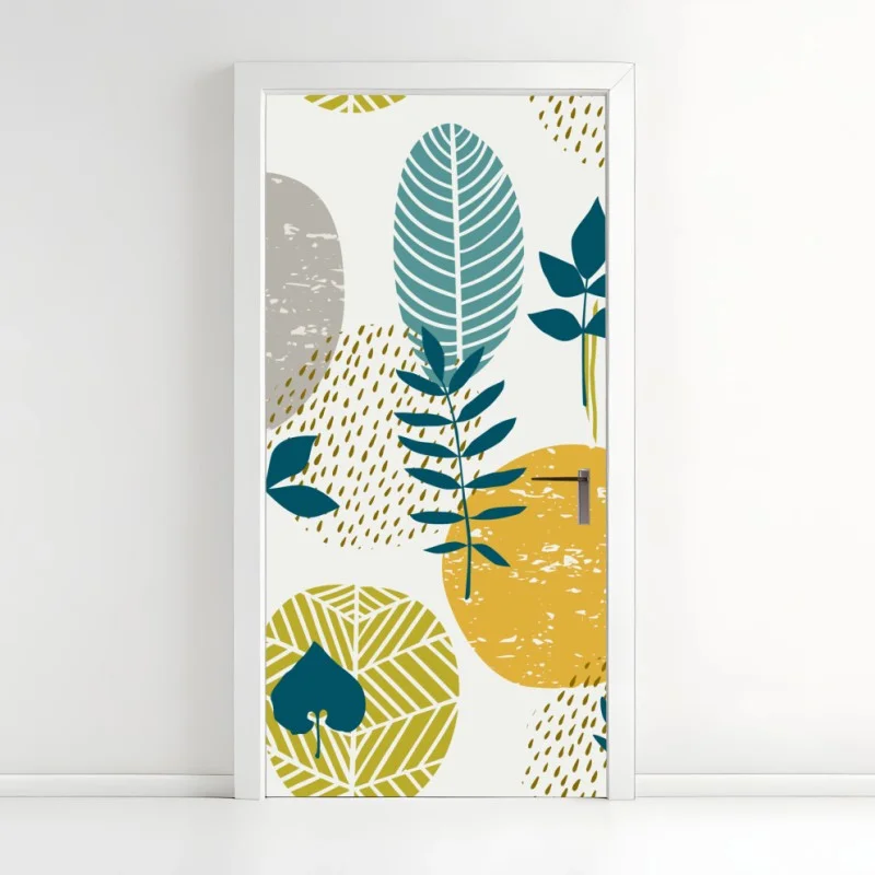 Adesivo per porta motivo botanico geometrico in toni senape e petrolio
