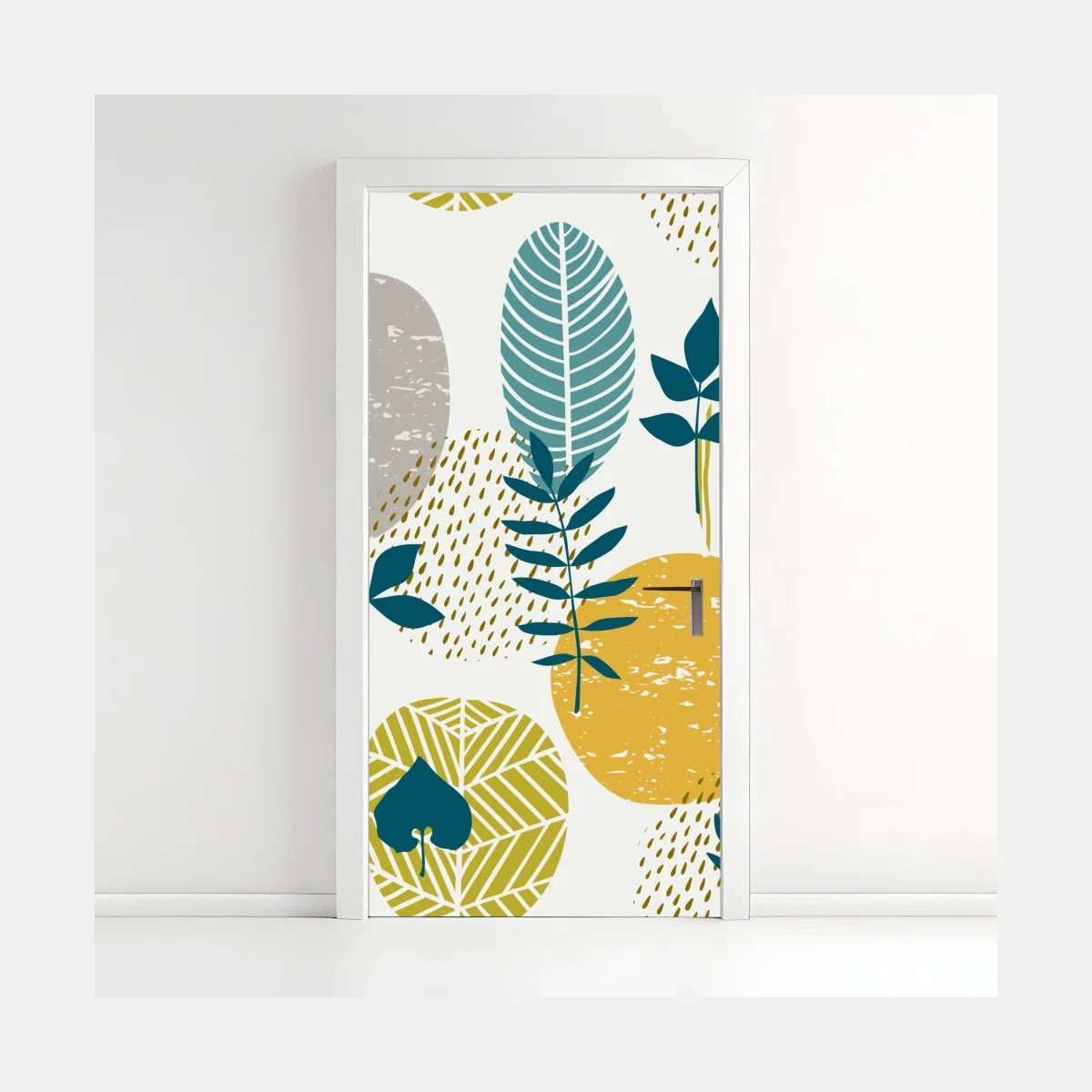 Adesivo per porta motivo botanico geometrico in toni senape e petrolio • Wallissimo® Adesivo per porta motivo botanico geometrico in toni senape e petrolio • Wallissimo®