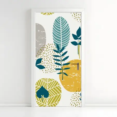 Adesivo per porta motivo botanico geometrico in toni senape e petrolio • Wallissimo®