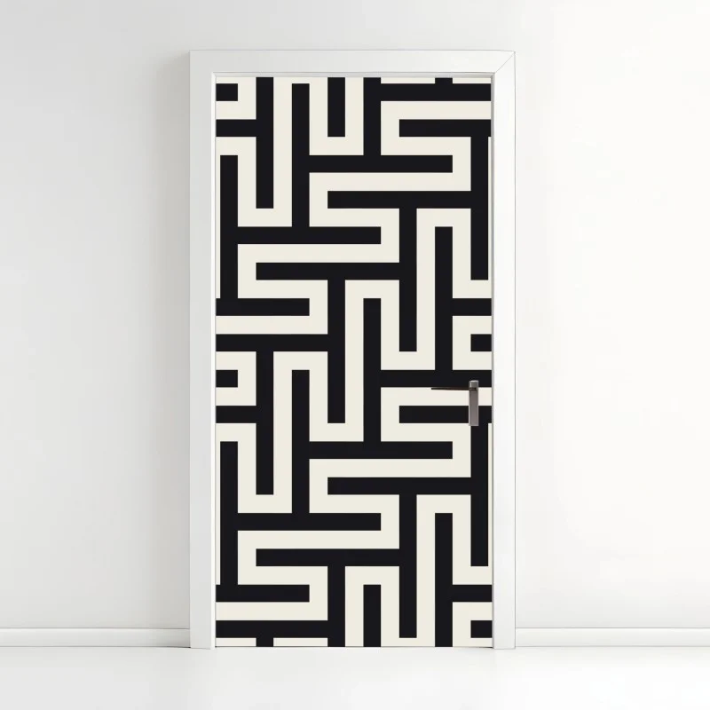 Adesivo per porta labirinto geometrico in bianco e nero