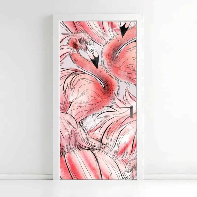 Adesivo per porta motivo fenicotteri in acquerello rosa