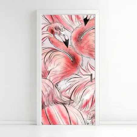 Adesivo per porta motivo fenicotteri in acquerello rosa • Wallissimo®