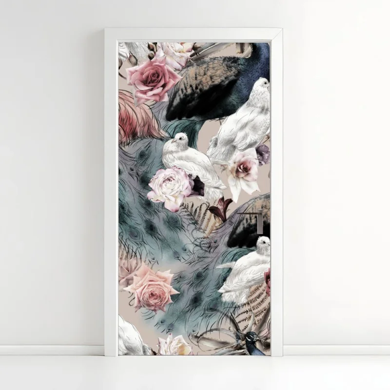 Adesivo per porta motivo floreale senza soluzione con uccelli in acquerello