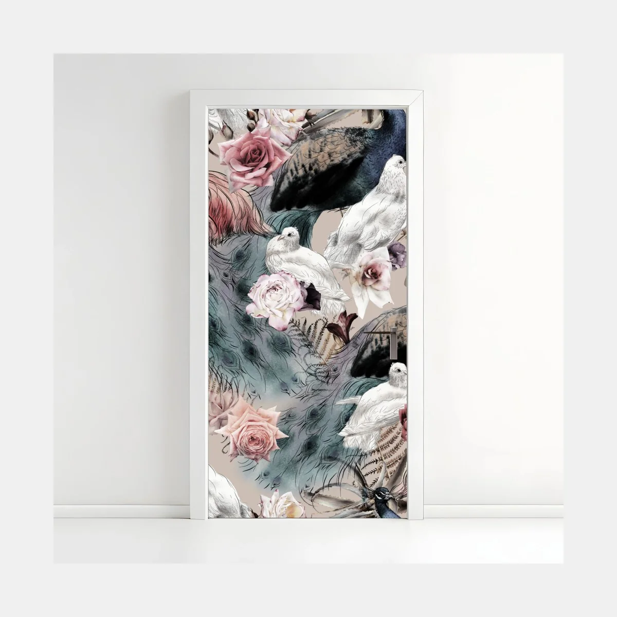 Adesivo per porta motivo floreale senza soluzione con uccelli in acquerello • Wallissimo® Adesivo per porta motivo floreale senza soluzione con uccelli in acquerello • Wallissimo®