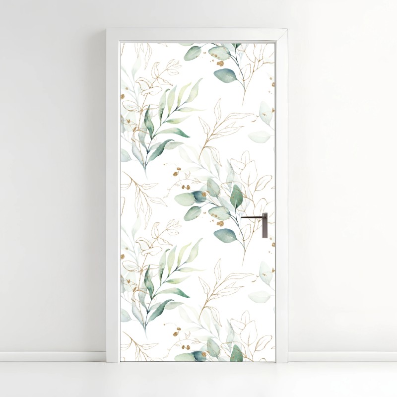 Adesivo per porta motivo botanico acquerellato con accenti dorati