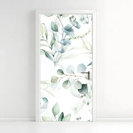 Adesivo per porta motivo botanico di eucalipto acquerellato • Wallissimo®