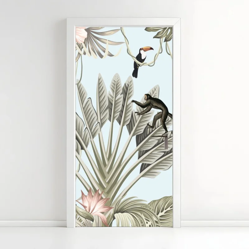 Adesivo per porta paesaggio tropicale con fauna illustrata