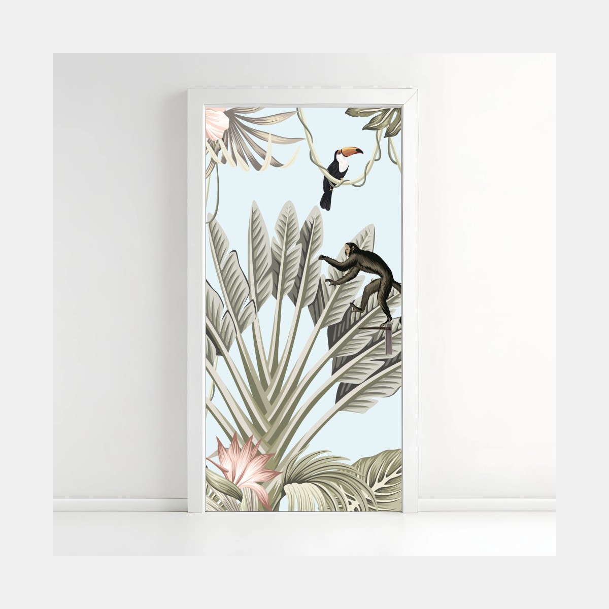 Adesivo per porta paesaggio tropicale con fauna illustrata • Wallissimo®
