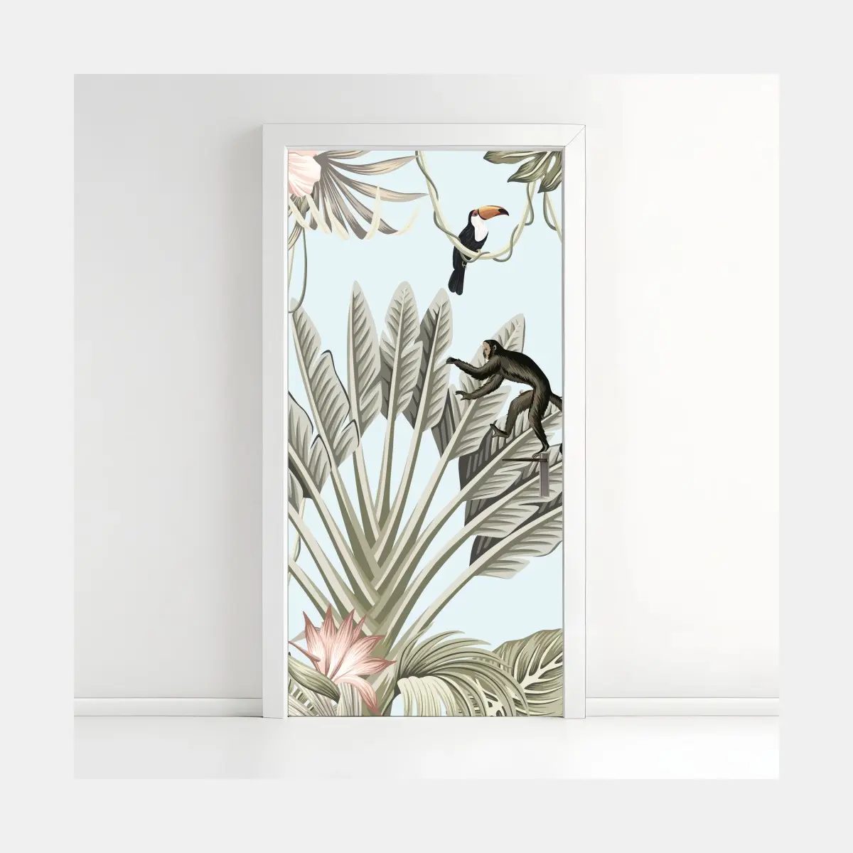 Adesivo per porta paesaggio tropicale con fauna illustrata • Wallissimo®