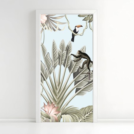 Adesivo per porta paesaggio tropicale con fauna illustrata • Wallissimo®