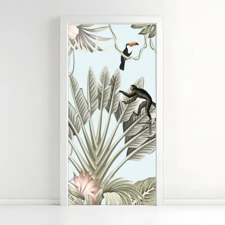 Adesivo per porta paesaggio tropicale con fauna illustrata • Wallissimo®