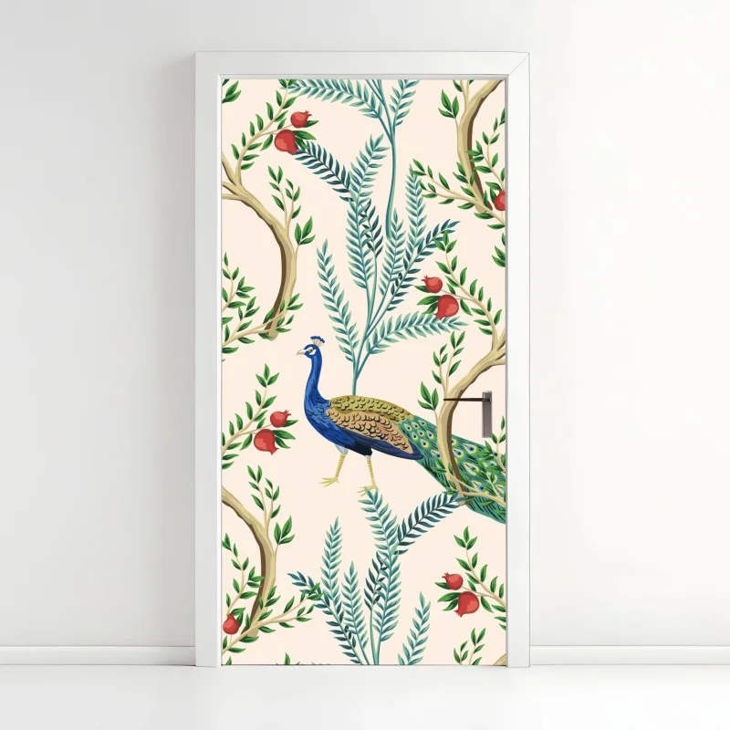 Adesivo per porta pavone e melograni su motivo botanico elegante