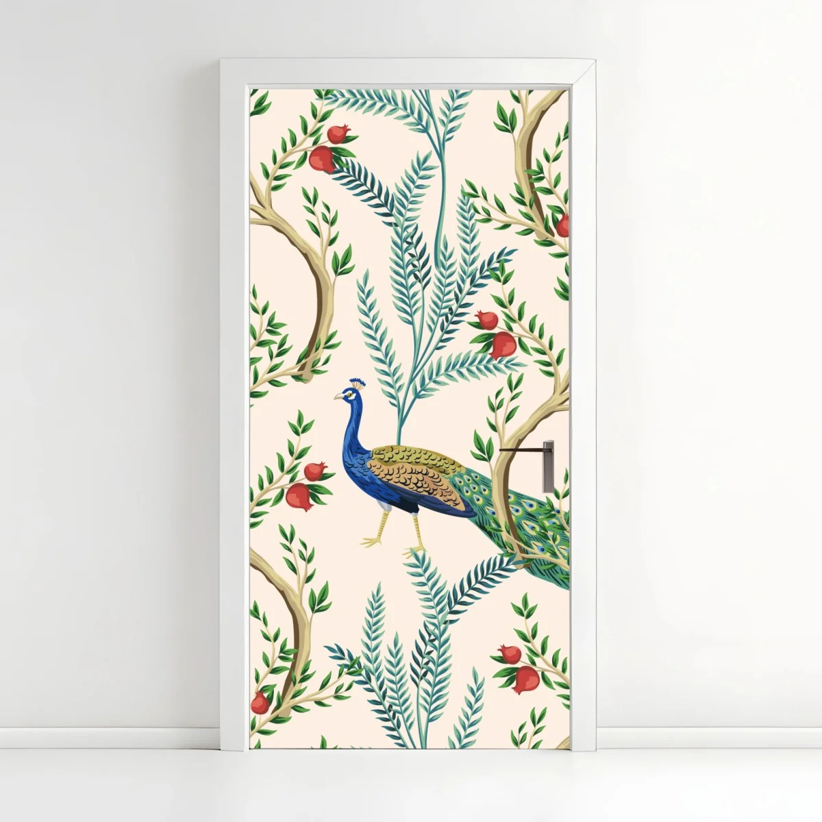 Adesivo per porta pavone e melograni su motivo botanico elegante • Wallissimo® Adesivo per porta pavone e melograni su motivo botanico elegante • Wallissimo®