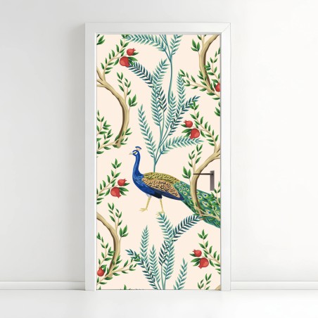 Adesivo per porta pavone e melograni su motivo botanico elegante • Wallissimo®