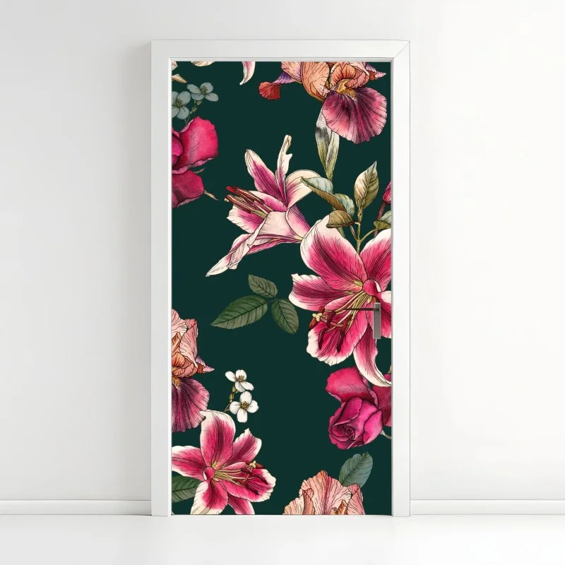 Adesivo per porta eleganza floreale su fondo verde smeraldo • Wallissimo®