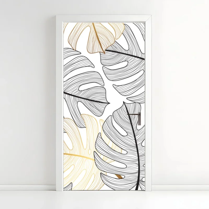 Adesivo per porta eleganza botanica: foglie di monstera in oro e nero