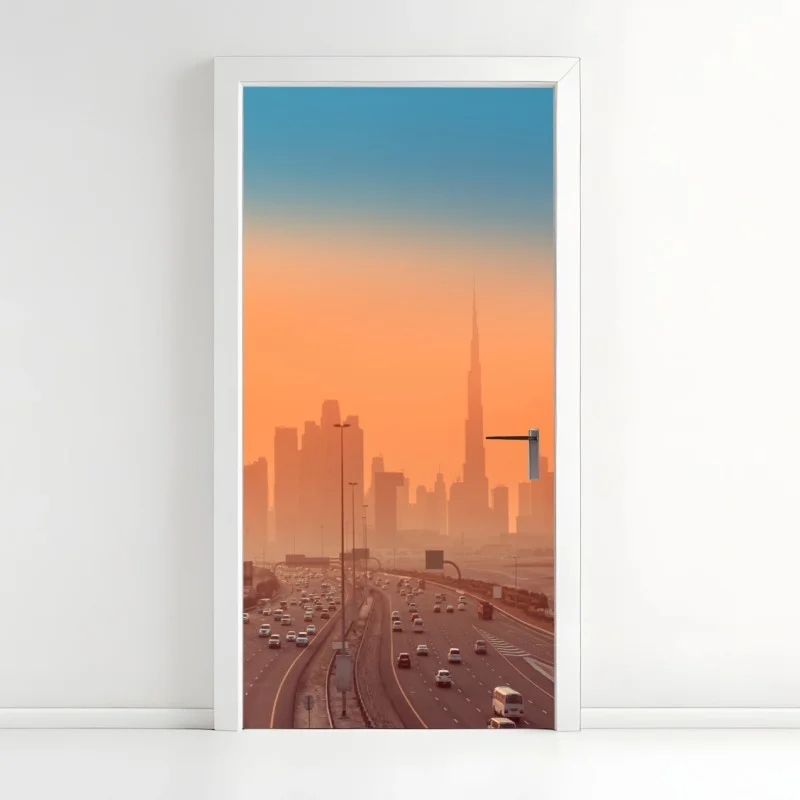 Adesivo per porta skyline di Dubai al tramonto