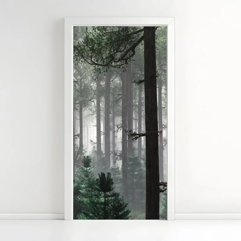 Adesivo per porta foresta avvolta nella nebbia