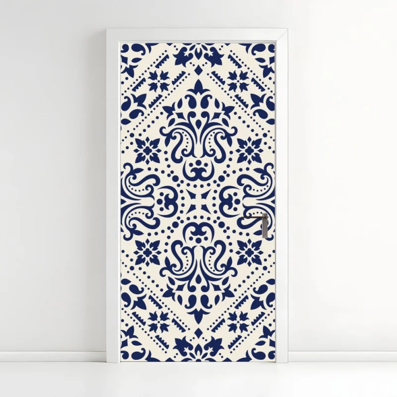 Adesivo per porta motivo damascato blu navy su sfondo crema