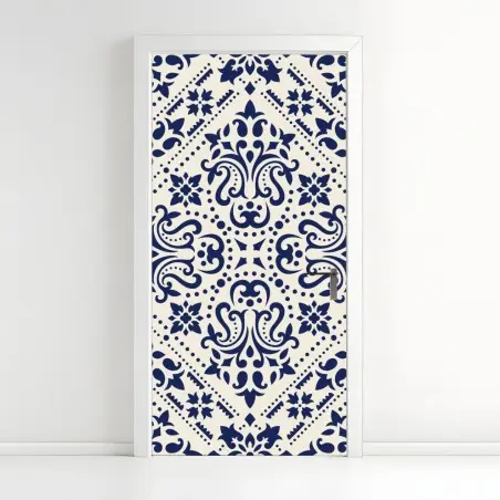 Adesivo per porta motivo damascato blu navy su sfondo crema • Wallissimo®