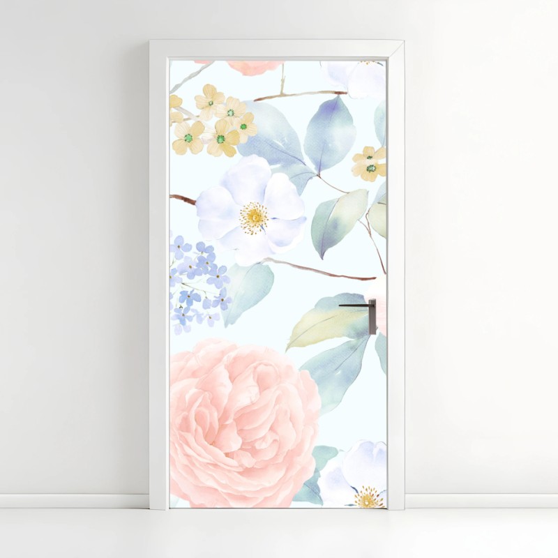 Adesivo per porta fioritura pastello in acquerello