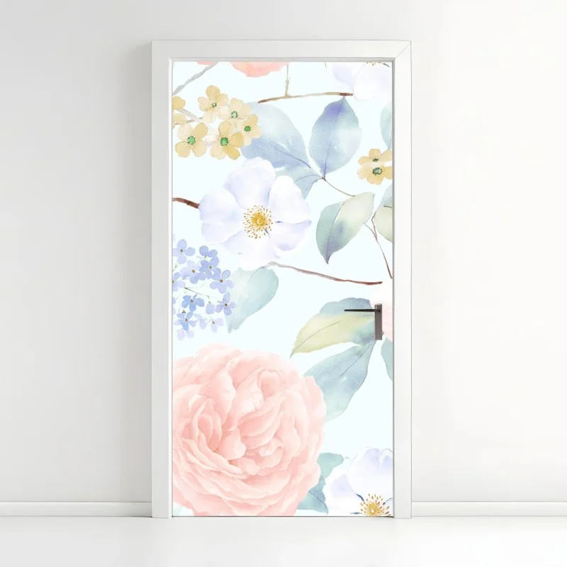 Adesivo per porta fioritura pastello in acquerello