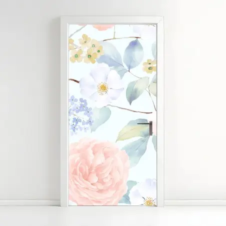 Adesivo per porta fioritura pastello in acquerello • Wallissimo®