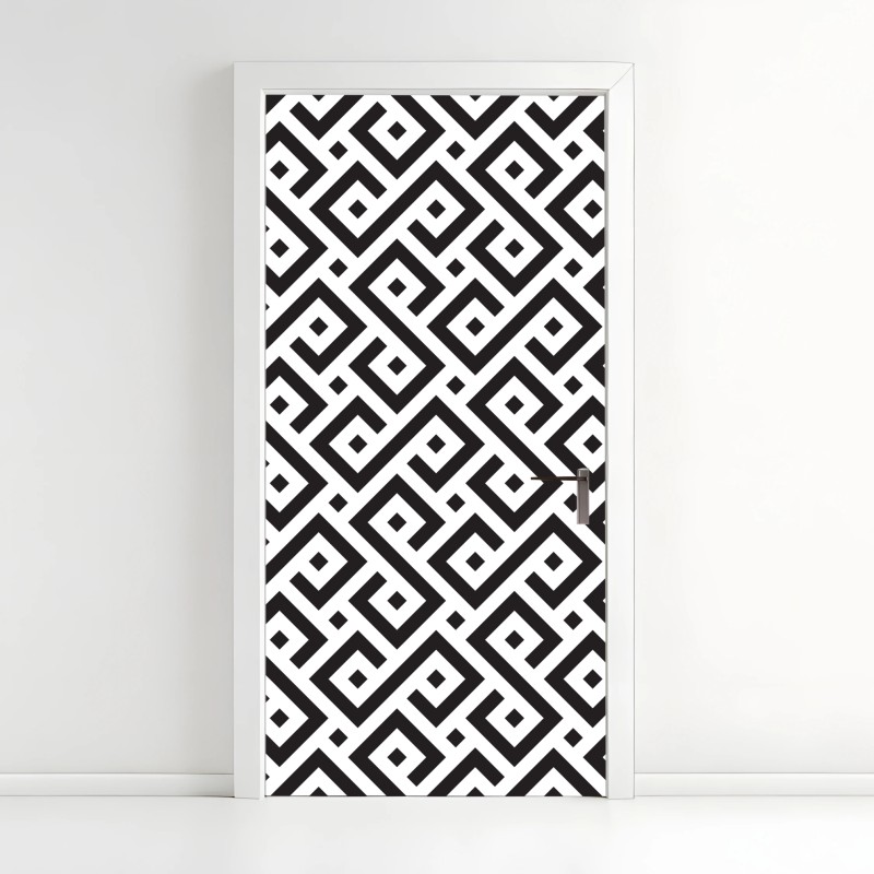 Adesivo per porta motivo geometrico labirintico in bianco e nero