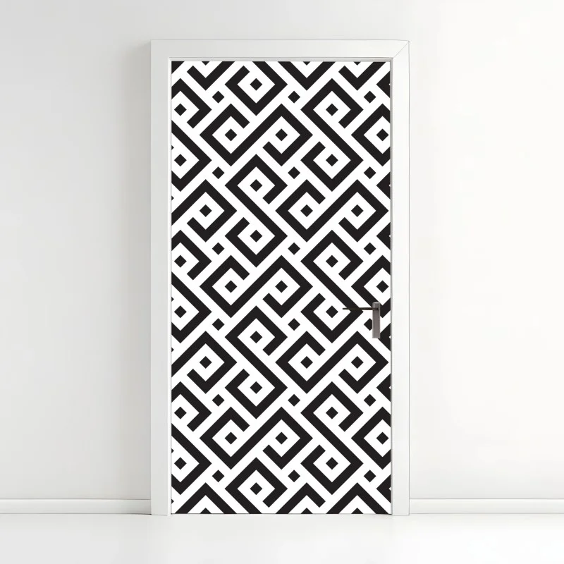 Adesivo per porta motivo geometrico labirintico in bianco e nero