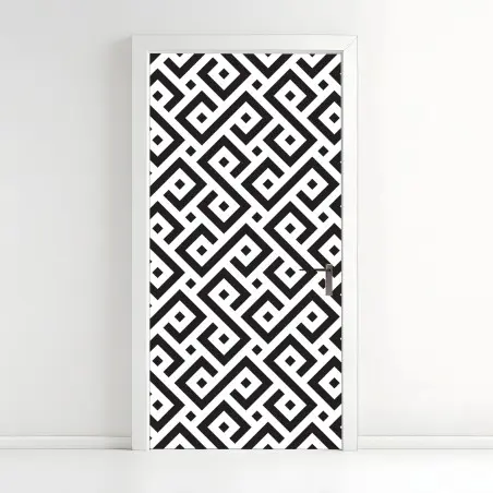 Adesivo per porta motivo geometrico labirintico in bianco e nero • Wallissimo®