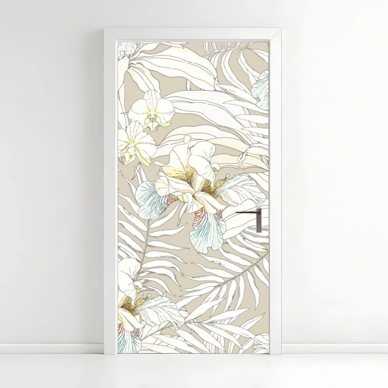 Adesivo per porta cacatua e orchidee in motivo tropicale pastello