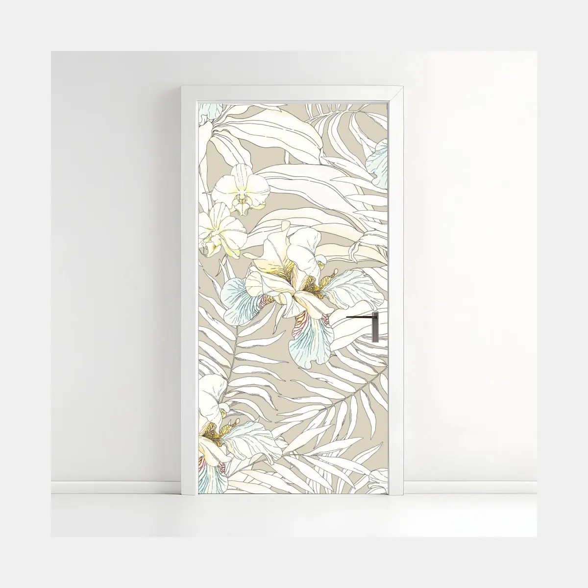 Adesivo per porta cacatua e orchidee in motivo tropicale pastello • Wallissimo®
