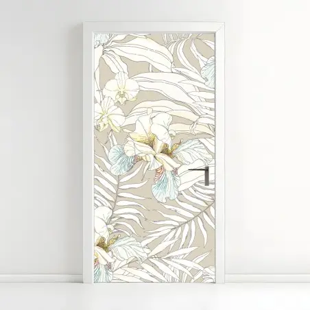 Adesivo per porta cacatua e orchidee in motivo tropicale pastello • Wallissimo®