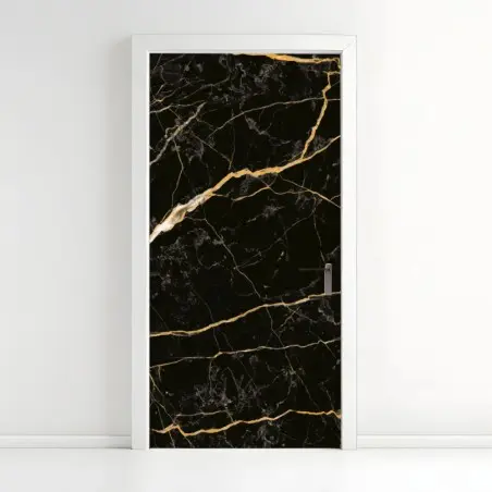 Adesivo per porta marmo nero con venature dorate • Wallissimo®