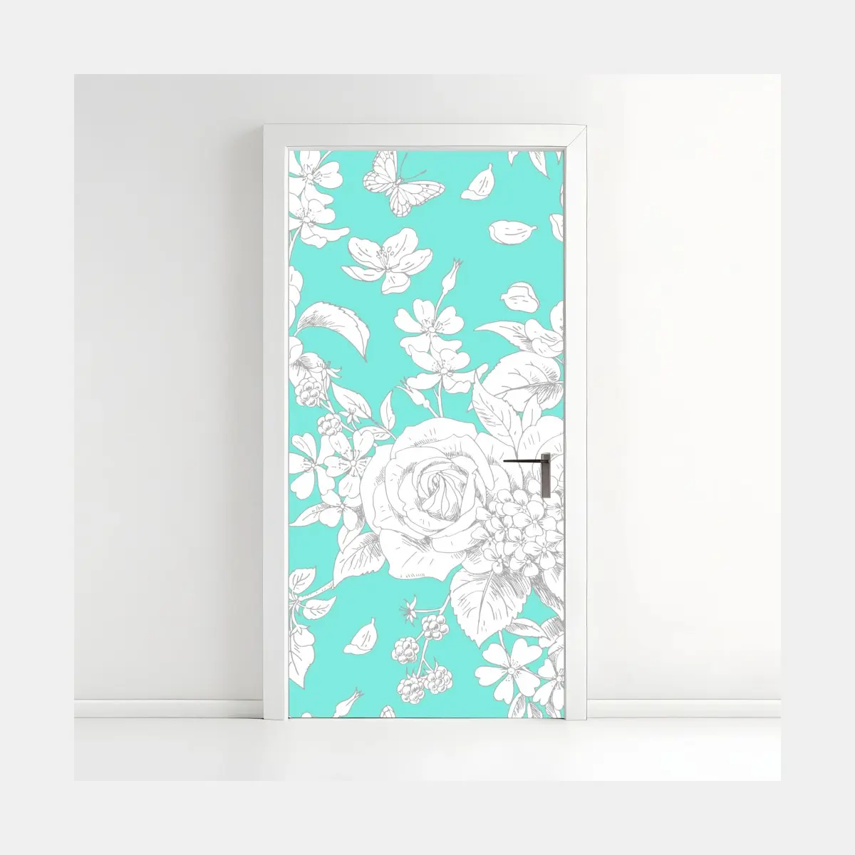 Adesivo per porta motivo floreale turchese con rose e farfalle • Wallissimo®