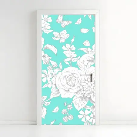 Adesivo per porta motivo floreale turchese con rose e farfalle • Wallissimo®