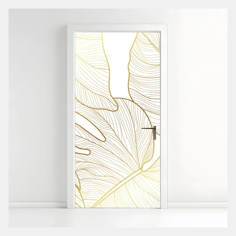 Adesivo per porta eleganza botanica: foglie dorate su sfondo bianco