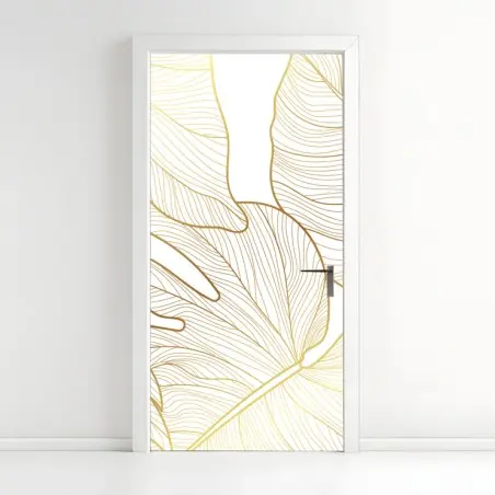 Adesivo per porta eleganza botanica: foglie dorate su sfondo bianco • Wallissimo®