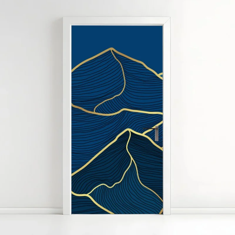 Adesivo per porta montagne dorate su sfondo blu