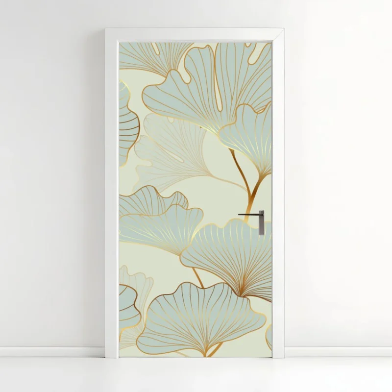 Adesivo per porta motivo elegante di foglie di ginkgo con dettagli dorati