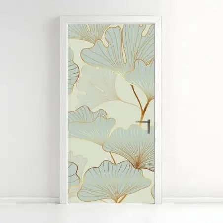 Adesivo per porta motivo elegante di foglie di ginkgo con dettagli dorati • Wallissimo®