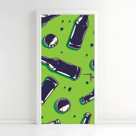 Adesivo per porta motivo bottiglie e tappi su sfondo verde • Wallissimo®