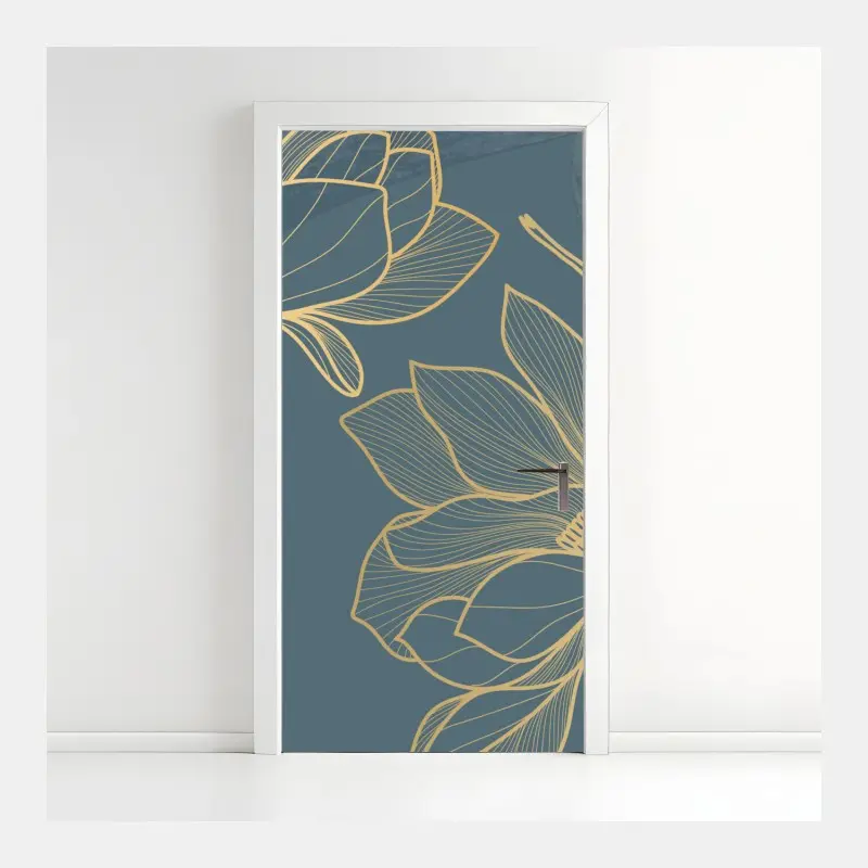 Adesivo per porta elegante motivo floreale dorato su sfondo blu petrolio • Wallissimo®