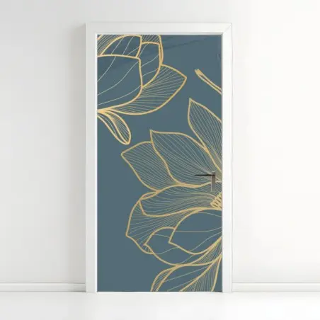 Adesivo per porta elegante motivo floreale dorato su sfondo blu petrolio • Wallissimo®