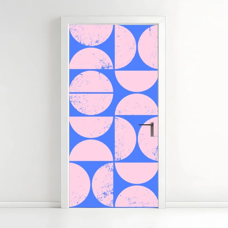 Adesivo per porta motivo geometrico rosa e blu con effetto vintage