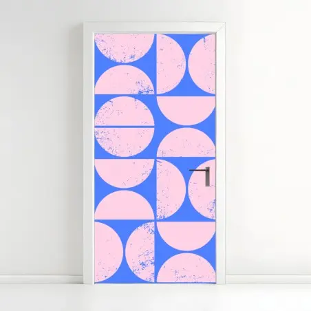 Adesivo per porta motivo geometrico rosa e blu con effetto vintage • Wallissimo®