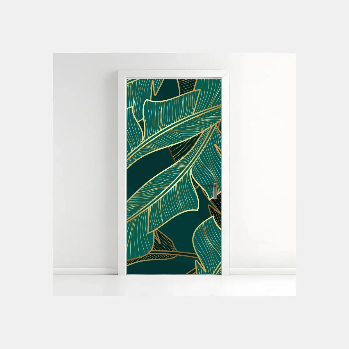 Adesivo per porta foglie tropicali dorate su sfondo verde smeraldo • Wallissimo® Adesivo per porta foglie tropicali dorate su sfondo verde smeraldo • Wallissimo®
