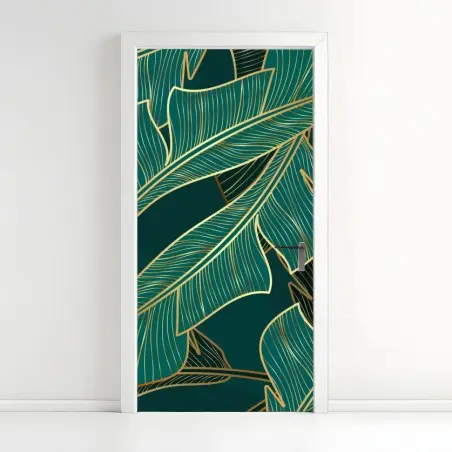 Adesivo per porta foglie tropicali dorate su sfondo verde smeraldo • Wallissimo®