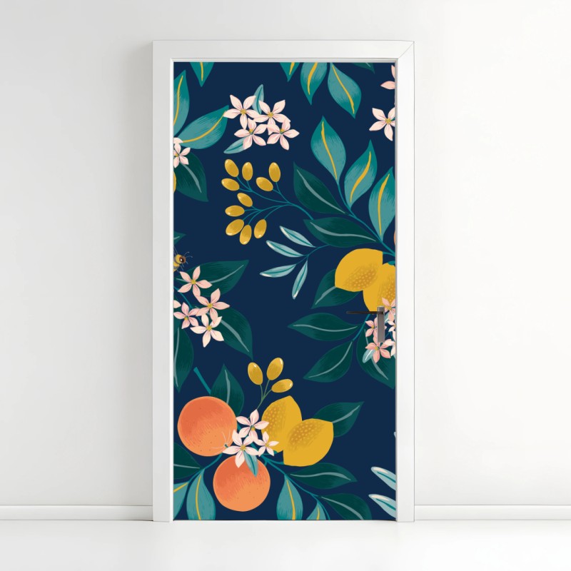 Adesivo per porta motivo botanico di agrumi su sfondo blu